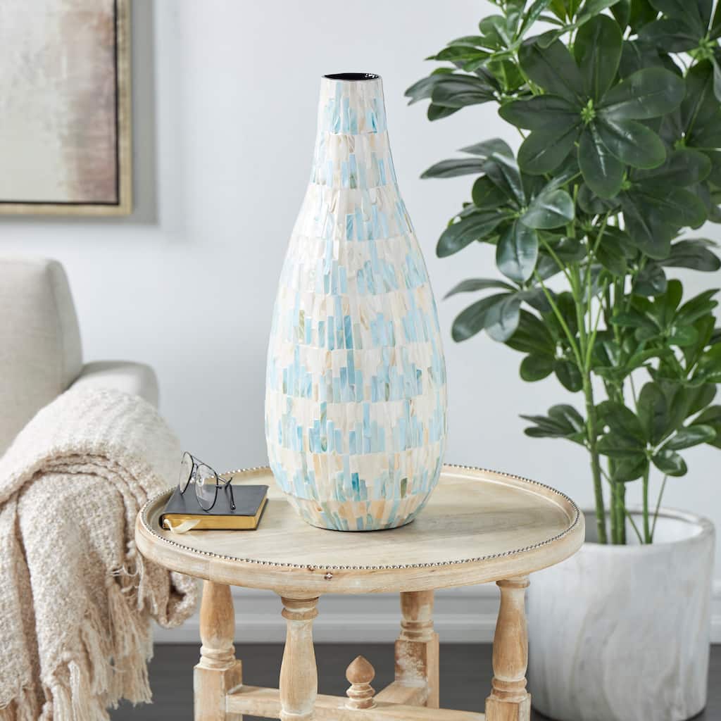 White Mother of Pearl Shell Handmade Mosaic Inspired Decorative Vase with Pastel Blue and Pink Accents