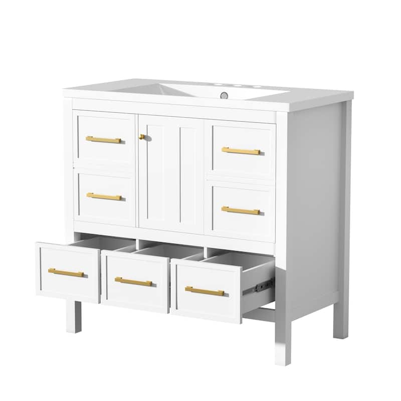 Roomfitters 36" Vanity with Resin Sink, Solid Wood Cabinet with 5 Drawers and Soft Closing Doors, Freestanding Storage Set