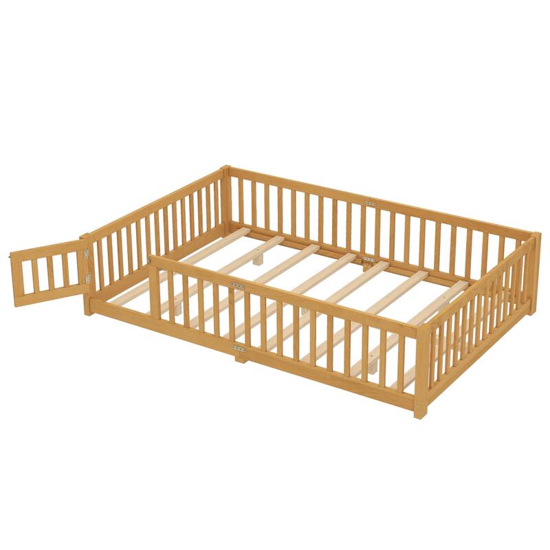 Queen Size Bed Floor Bed with Safety Guardrails and Door for Kids