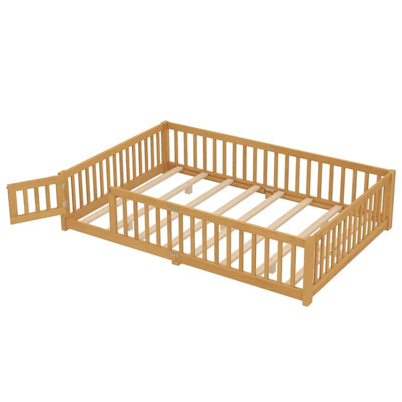 Queen Size Natural Floor Bed w/ Safety Guardrails & Door for Kids
