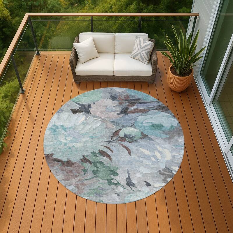 Machine Washable Indoor/ Outdoor Watercolor Floral Chantille Rug - Teal - 8' x 8'