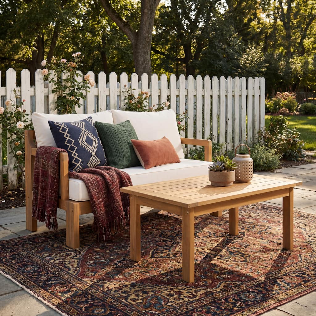 Christopher Knight Home - Outdoor 2-Piece Acacia Wood Patio Chat Set with High-Density Cushioned Loveseat & Coffee Table