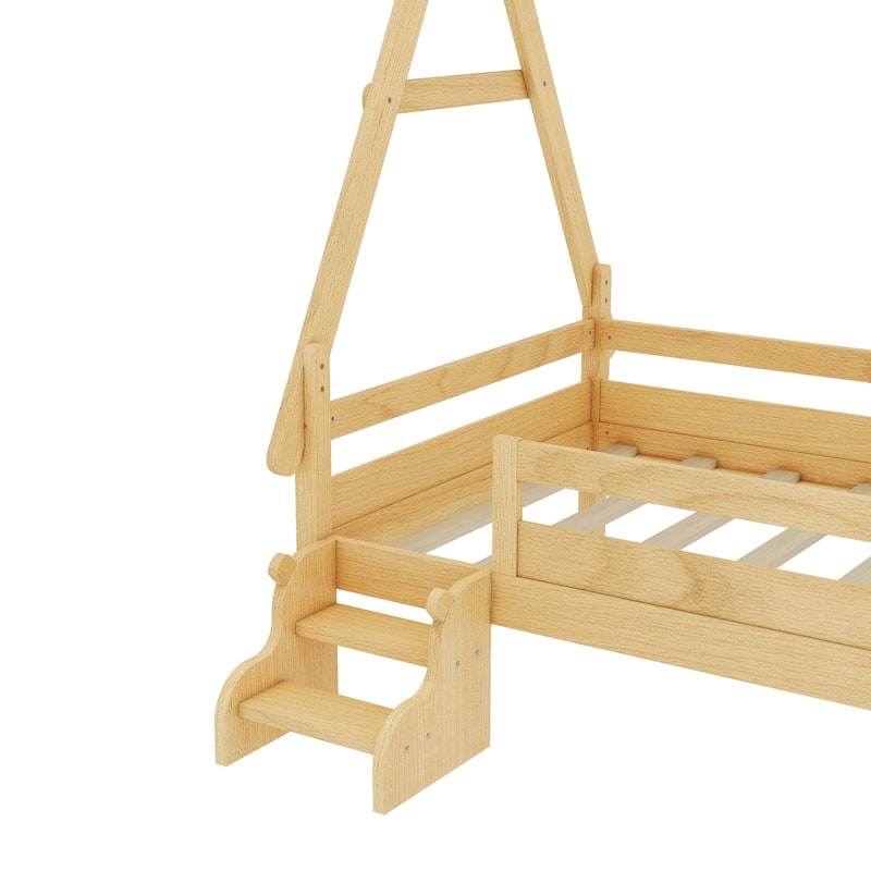 Roomfitters House Platform Bed with Stairs, Solid Wood Low Profile Frame with Roof Design for Playroom