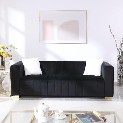 Black Chesterfield 87.01" Velvet Channel Tufted 3-seater Sofa with Pillows for Living Room