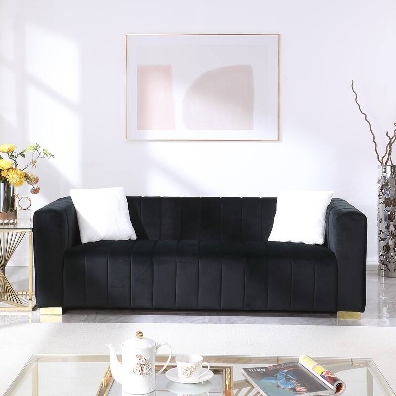 Velvet Channel Tufted 3-seater Sofa with Pillows - Black