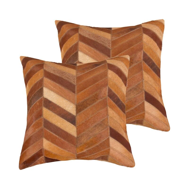Set of Two 18" Tan Chevron Cowhide Throw Pillows