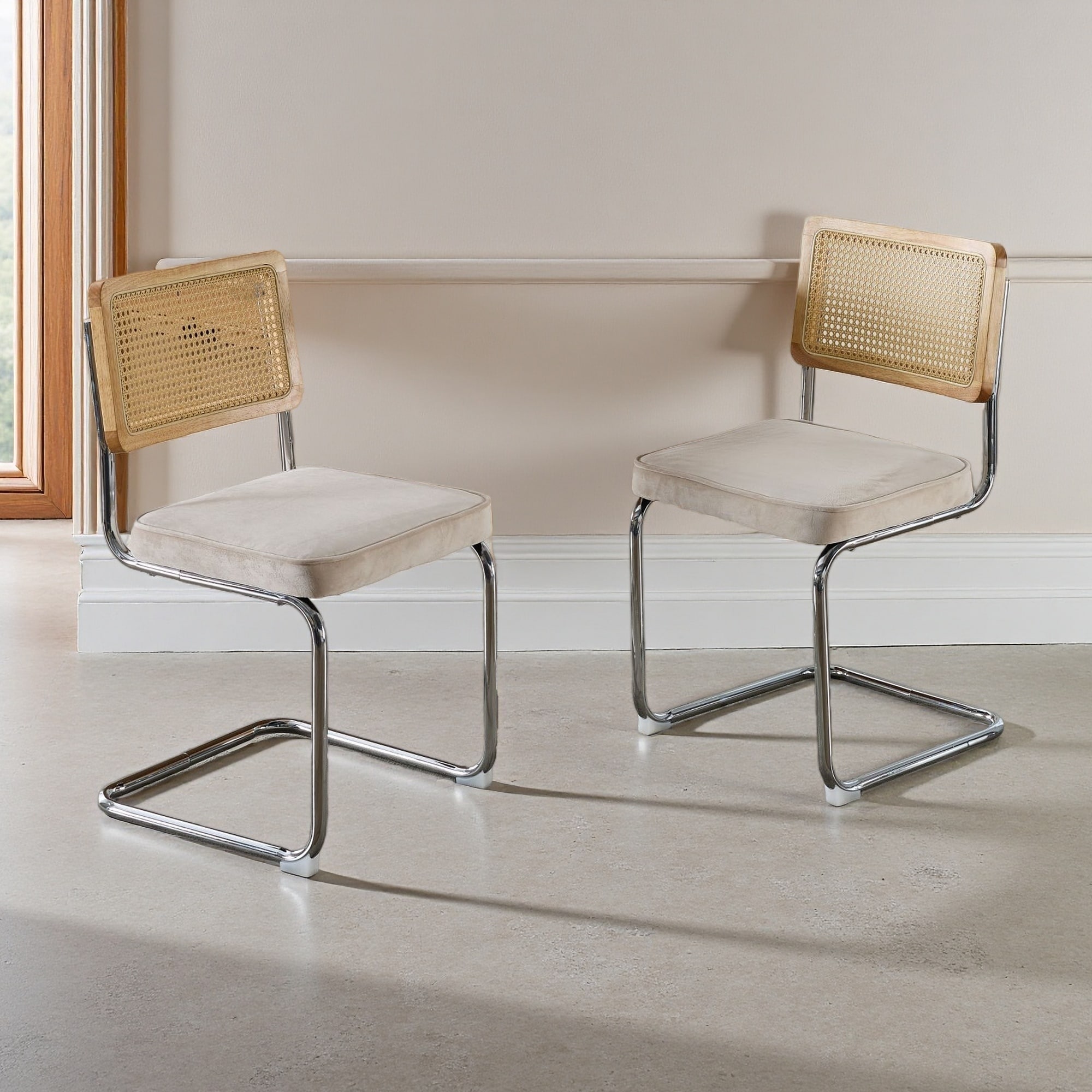 31.9"H Set of 2 Velvet Cane Back Dining Chairs with Chrome Cantilever Base