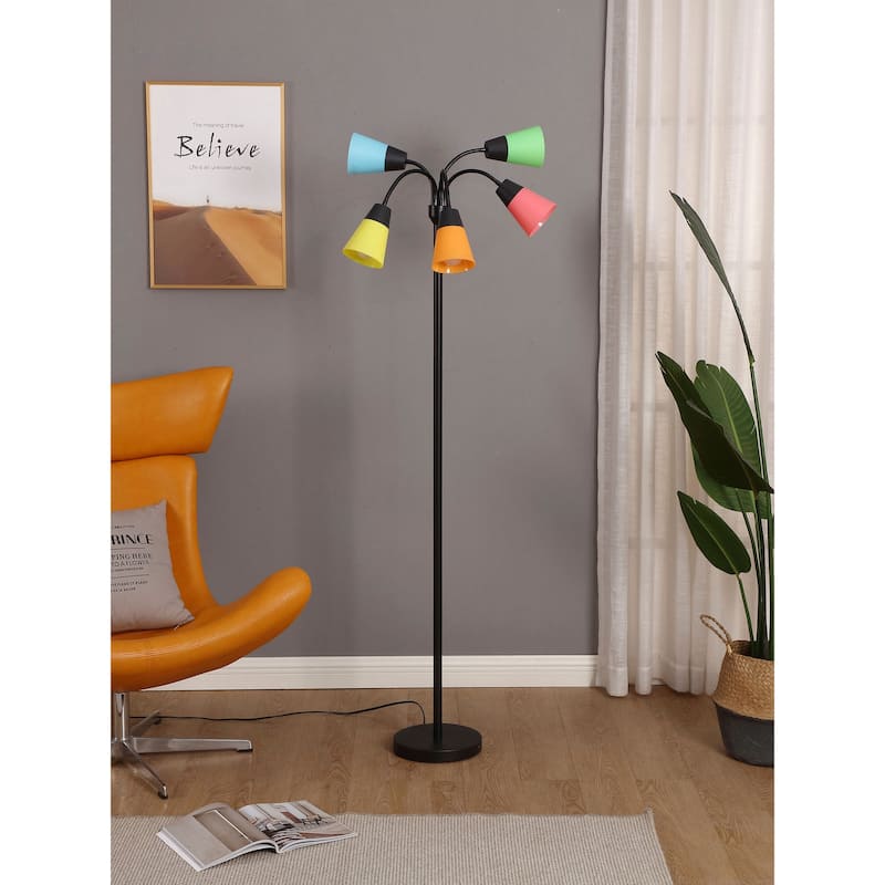 Brightech Medusa Modern 78 in. Classic Black Modern 5-Light Adjustable Gooseneck LED Floor Lamp with 5 Multicolored Cone Shades