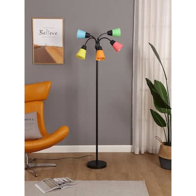 Brightech Medusa Modern 78 in. Classic Black Modern 5-Light Adjustable Gooseneck LED Floor Lamp with 5 Multicolored Cone Shades