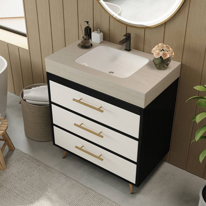 Modern Free-Standing Bathroom Vanity with Ceramic Vessel Sink & Durable Sintered Stone Top