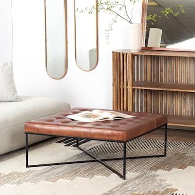 EdgeMod Traversa Tufted Leather and Metal Ottoman - Genuine Italian Leather