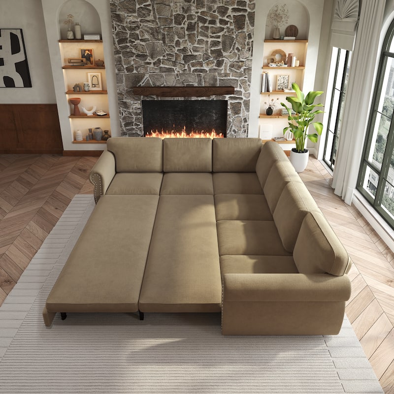L-Shaped Sectional Sofa with Pull-Out Bed, Oversize Convertible Sleeper Sofa with Rolled Arms, Chenille Upholstery
