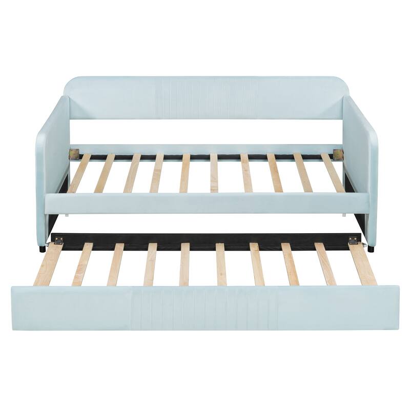 Elegant Velvet Upholstered Twin Daybed Sofa with Trundle and Wooden Slats