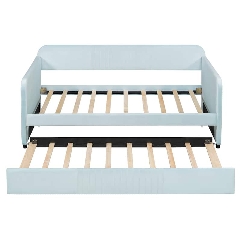 Roomfitters Twin Size Upholstered Daybed with Trundle, Velvet Fabric Sofa Bed with Wood Slats