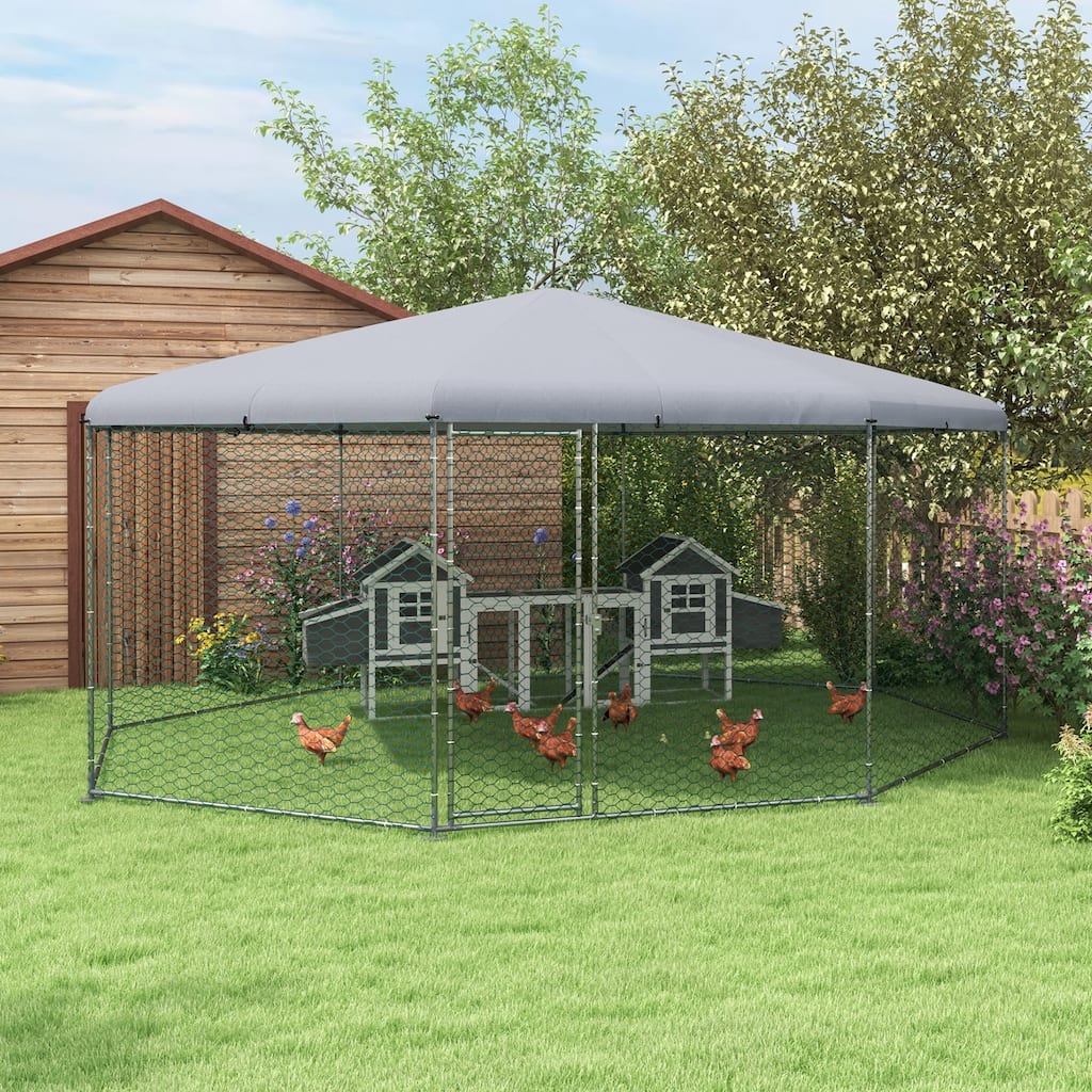 Large Walk-in Chicken Coop with Roof Cover and Steel Frame Poultry Cage for Hens Ducks or Bunnies