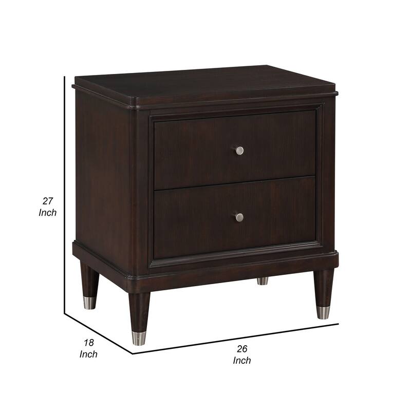Dark Brown/Silver 2 Drawer 18 in. W Nightstand with Tapered Legs