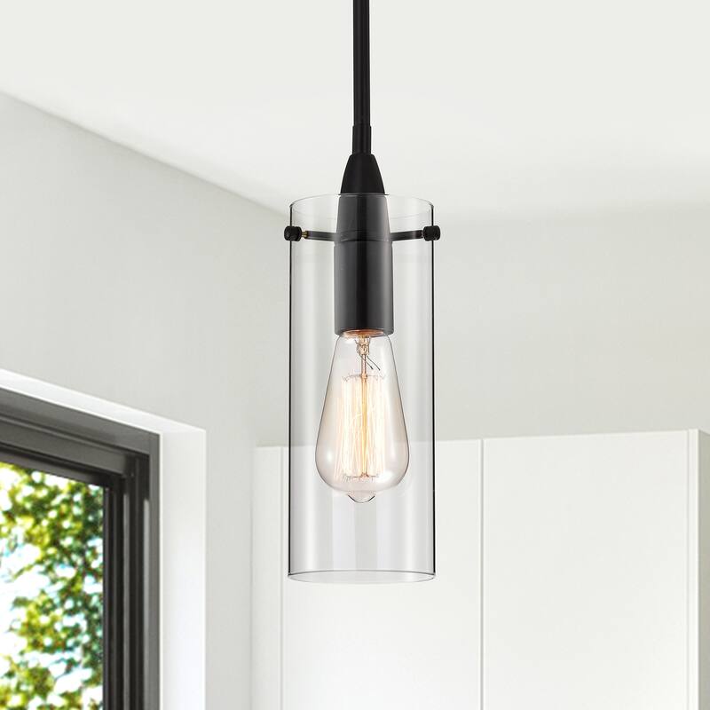 Naima Matte Black 1-Light Metal & Cylinder Glass Shade Pendant Light