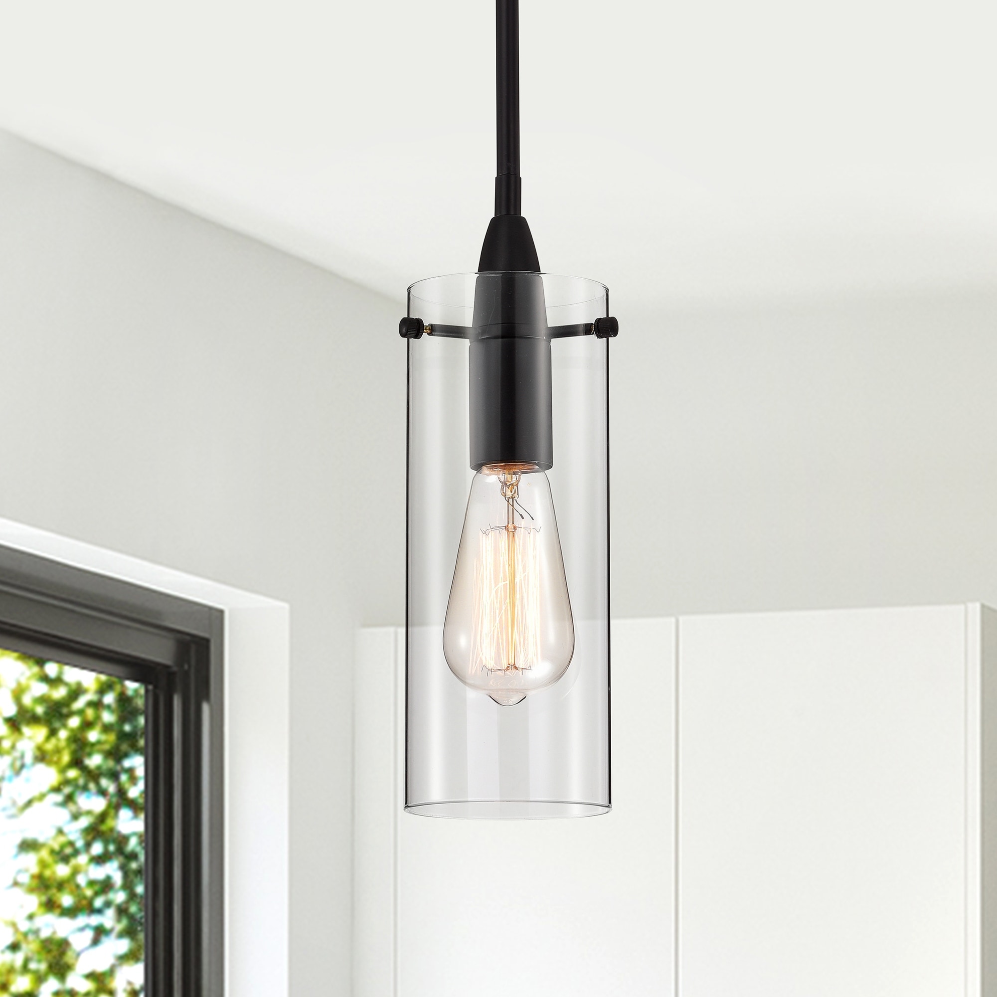 Naima Matte Black 1-Light Metal & Cylinder Glass Shade Pendant Light