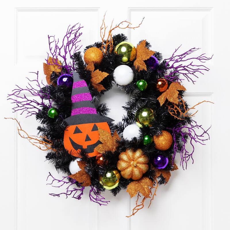 Jack-O-Lantern in Witches Hat Halloween Pine Wreath, 24-Inch, Unlit