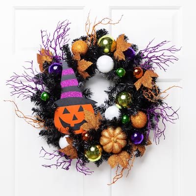 Jack-O-Lantern in Witches Hat Halloween Pine Wreath, 24-Inch, Unlit