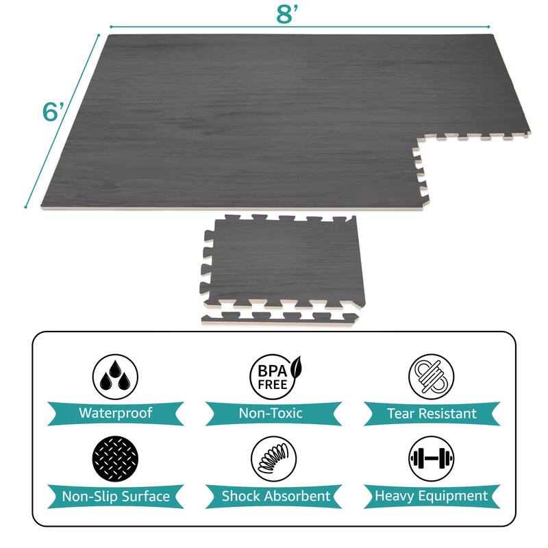 Interlocking Floor Mat - Gray Wood Print, 12 Pieces and Borders