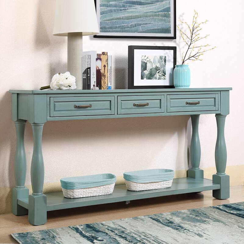 63inch Long Wood Console Table with 3 Drawers and 1 Bottom Shelf for Entryway Hallway Easy Assembly Extra-thick Sofa Table -  Retro Blue