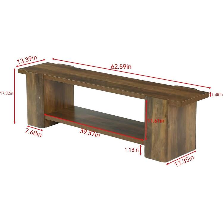 63 Inch Long Wooden Entryway Bench, End of Bed Bench with Storage Shelf - 13.39" D x 62.6" W x 17.32" H