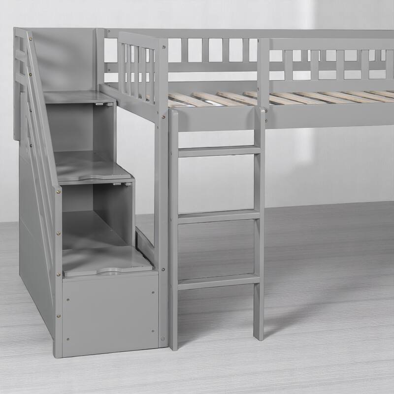 Twin Size Loft Bed with Slide, Staircase Storage Drawers, Convertible Ladder, and Guardrails, No Box Spring Needed
