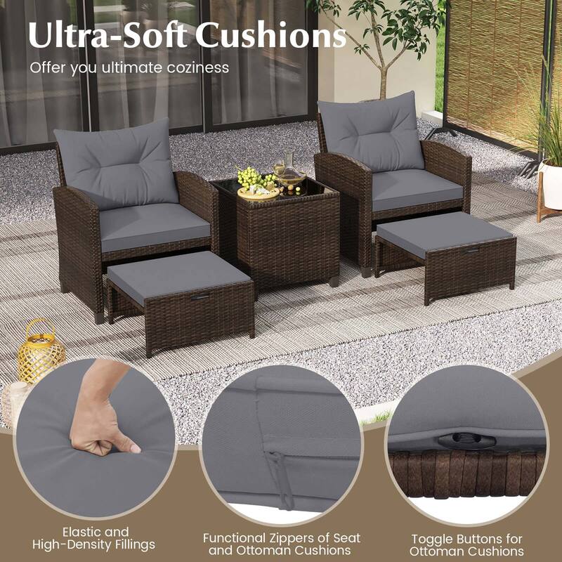 Costway 5 Piece Patio Rattan Furniture with 2 Ottomans & Tempered - See Details