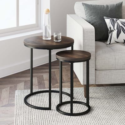 Nathan James Lula Tabletop with Metal Base Industrial Nested Round End Table Set of 2