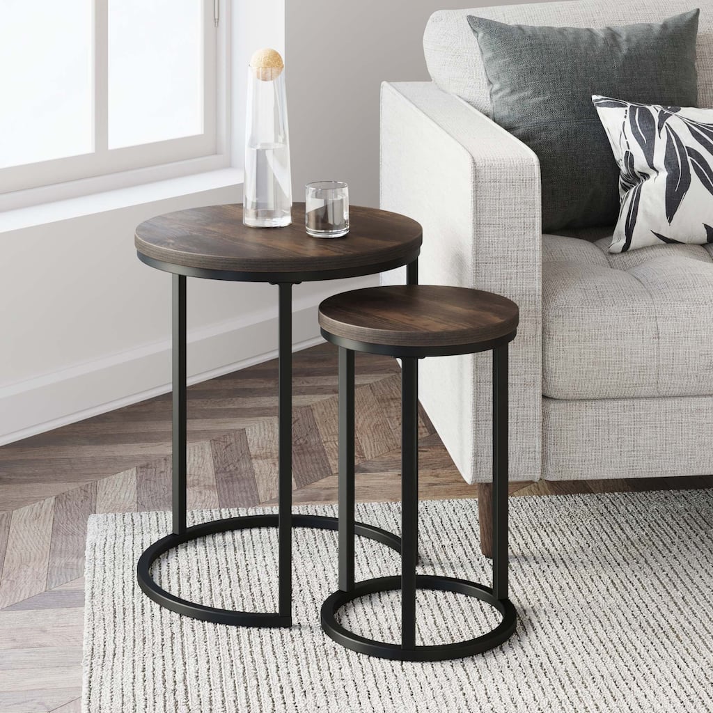 Nathan James Lula Tabletop with Metal Base Industrial Nested Round End Table Set of 2