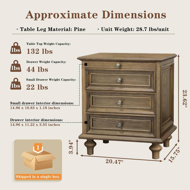 Nightstands Set of 2 with 4 Drawer,Wood Storage End Table with Hidden Pull-Out Shelf, 4 Solid Wood Feet and Metal Handle