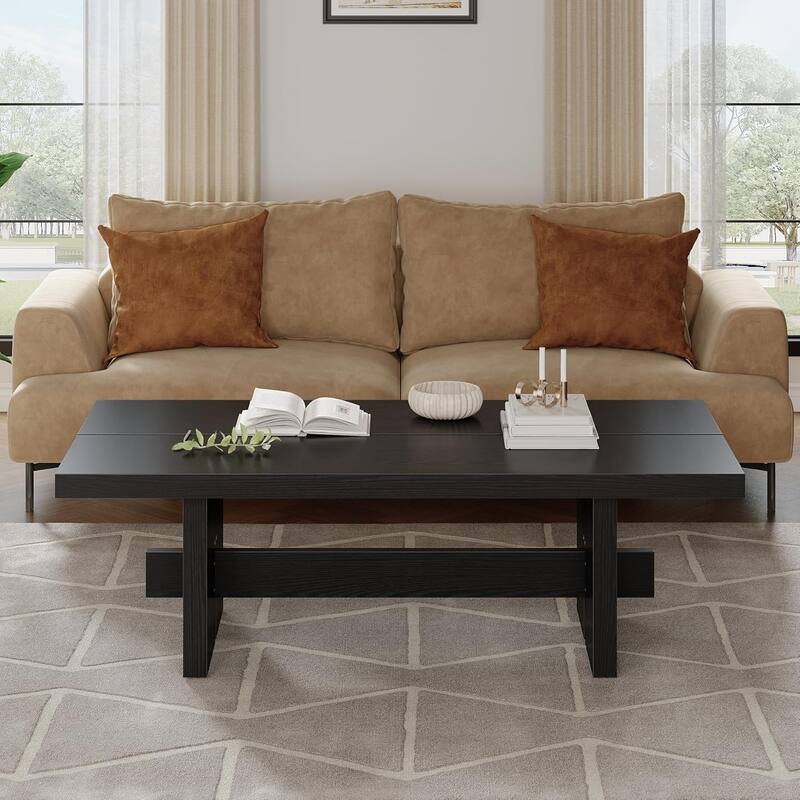 55" Rectangular Wooden Coffee Table for Living Room, Easy Assembly