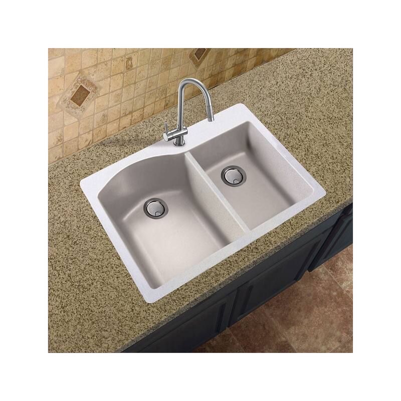 Transolid Aversa 33in x 22in silQ Granite Drop-in Double Bowl Kitchen Sink with 1 B Faucet Hole