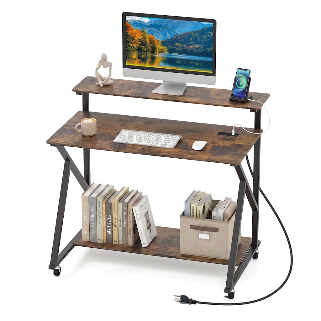 Costway Rolling Computer Desk with Charging Station Monitor Stand
