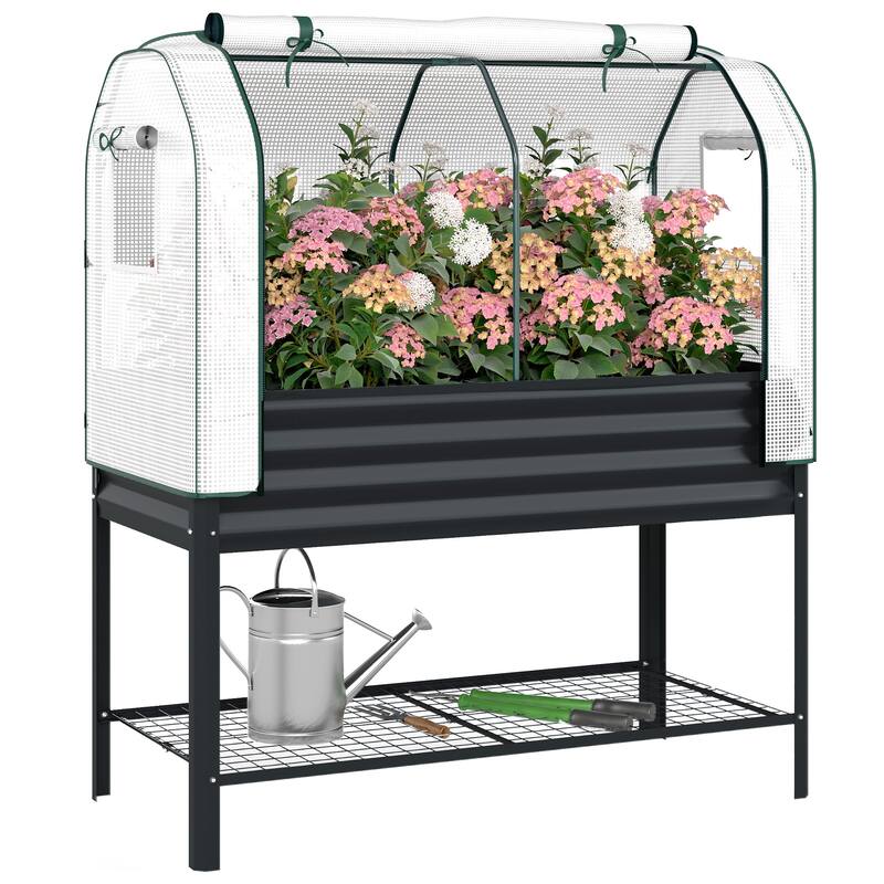 Outsunny Galvanised Raised Garden Bed with Greenhouse Cover, Metal Elevated Garden Bed with Legs, Bed Liner and Bottom Shelf