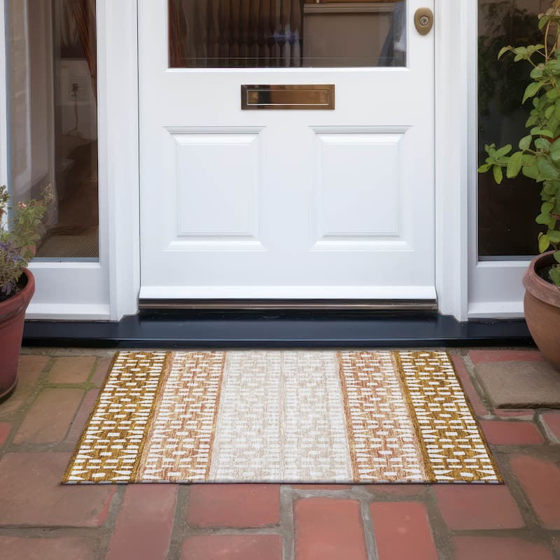 Machine Washable Indoor/ Outdoor Stripe Geo Chantille Rug - Paprika - 1'8" x 2'6"