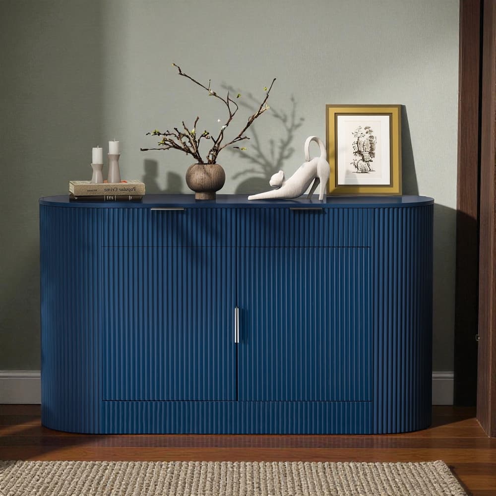 Modern 55.1" Storage Cabinet with Curved Doors, 2 Drawers & Side Shelves, Stripe MDF Buffet Console Table