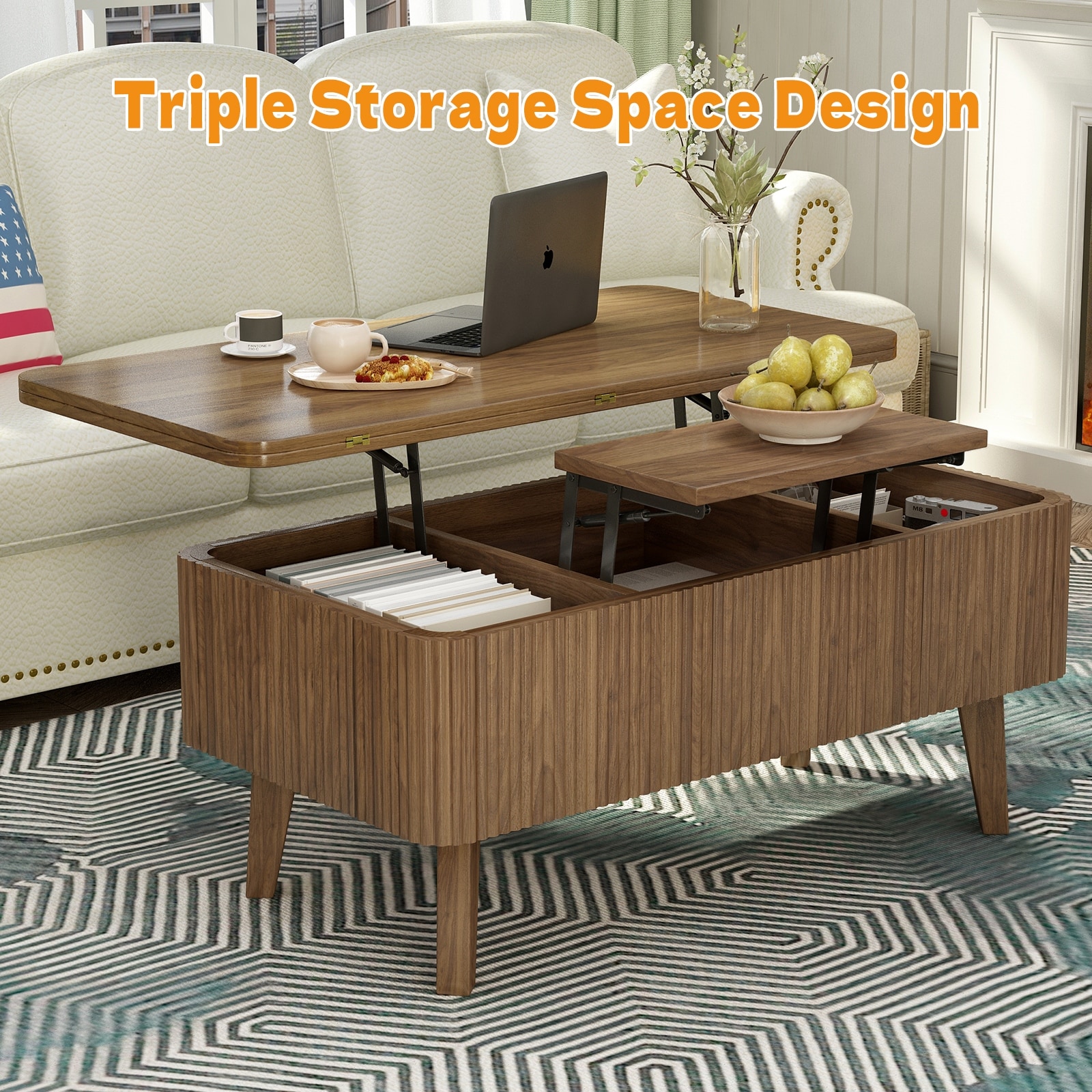 3 in 1 Lift Top Coffee Table, Fluted Convertible Coffee Tables
