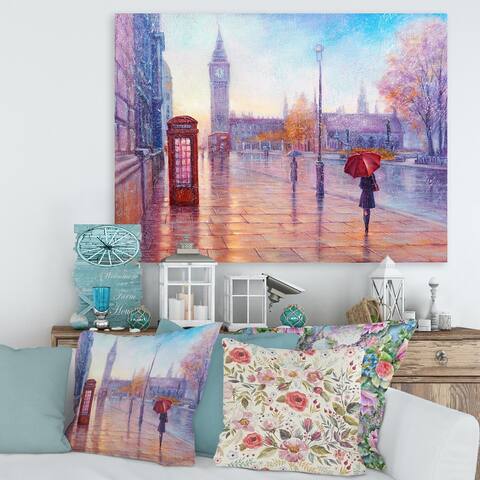 Designart 'Big Ben and Woman With Red Umbrella In London' French Country Canvas Wall Art Print