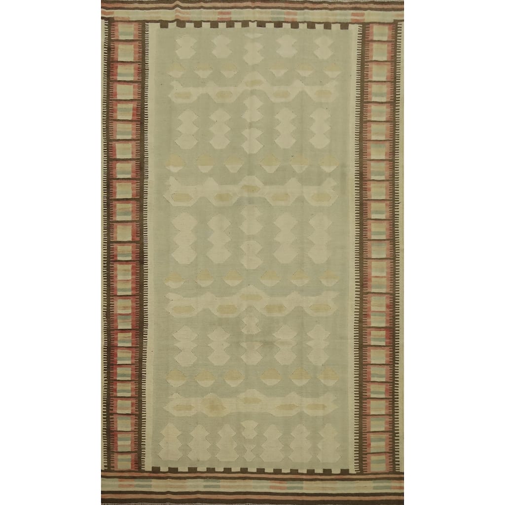 Hand Woven Oriental 100% Wool Carpet Southwestern Tribal Green Kilim Area Rug - 9' 4'' X 6' 1''