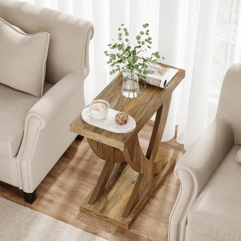 23.6" Farmhouse End Table with Cross Fishtail Support- Retro Brown