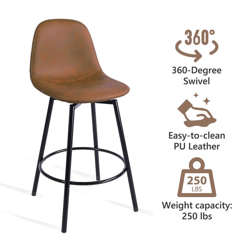 Homy Casa Faux Leather Tech Fabric Bar Stool with Backrest and Black Metal Frame - Counter Height & Bar Height, Rustic Brown