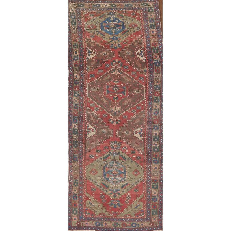Geometric Tabriz Persian Vintage Runner Rug Handmade Wool Carpet - 3'7"x 11'3"