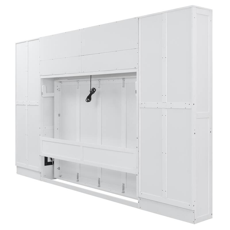 Multifunctional Foldable Murphy Bed Queen Size Wall Bed with Built-in Top Cabinet, Side Wardrobe, Storage Shelves and 2 Drawers