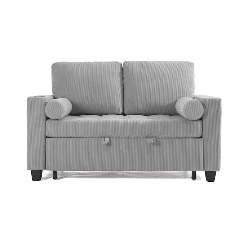 2 Set Corduroy Convertible Sleeper Sofa Bed Loveseats with Cup Holder, USB Ports & Storage