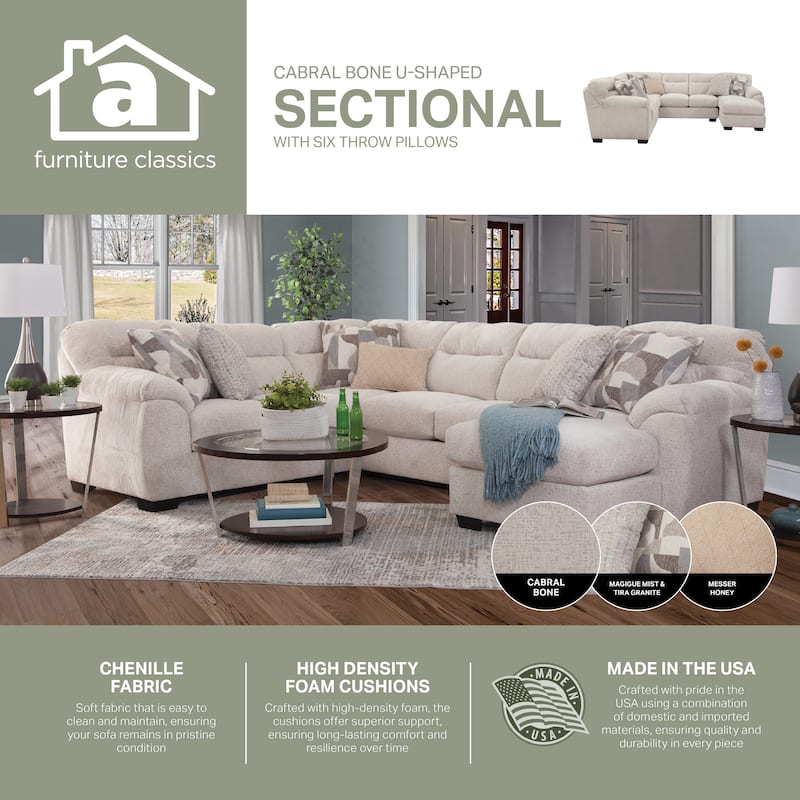 American Furniture Classics Cabral Bone Model A353V10-K3 U Shaped Sectional with 6 Throw Pillows