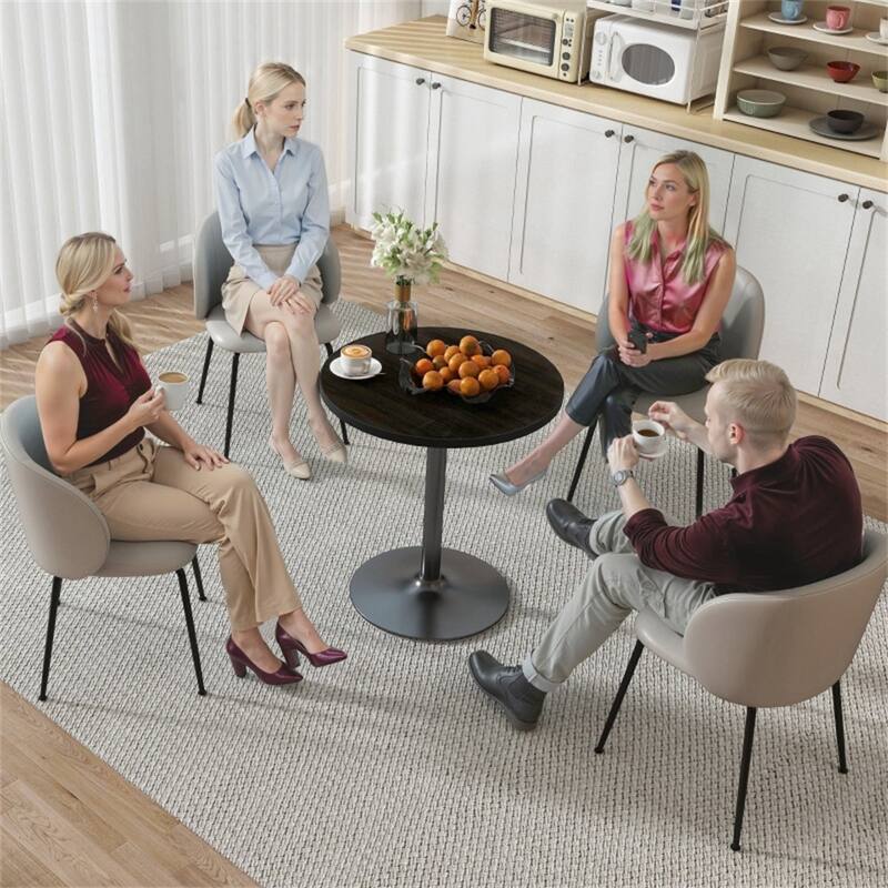 Modern Black Round Dining Table with Wood Grain Top and Metal Base Space-Saving Design for Kitchen - 27.6" Dia. x 29.9" H