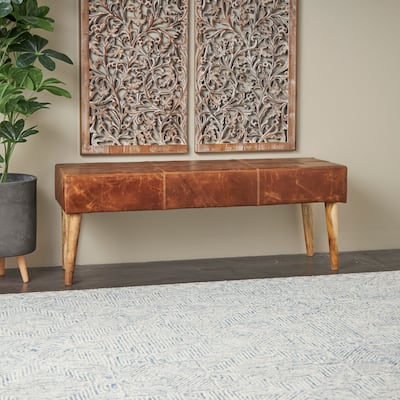 Brown Leather Upholstered Bench with Wooden Legs