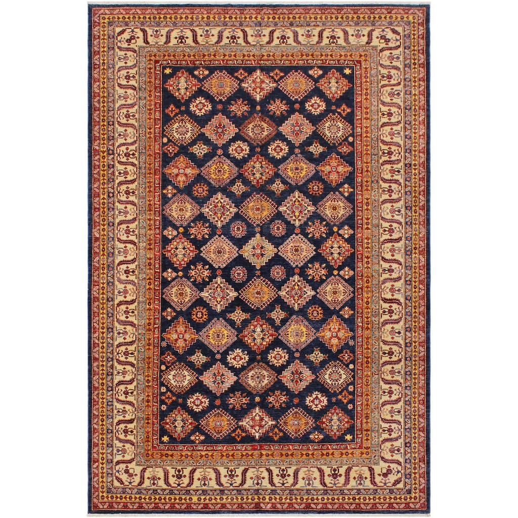 Caucasian Super Kazak Azalea Blue/Beige Hand Knotted Wool Rug - 8'10'' x 12'0''